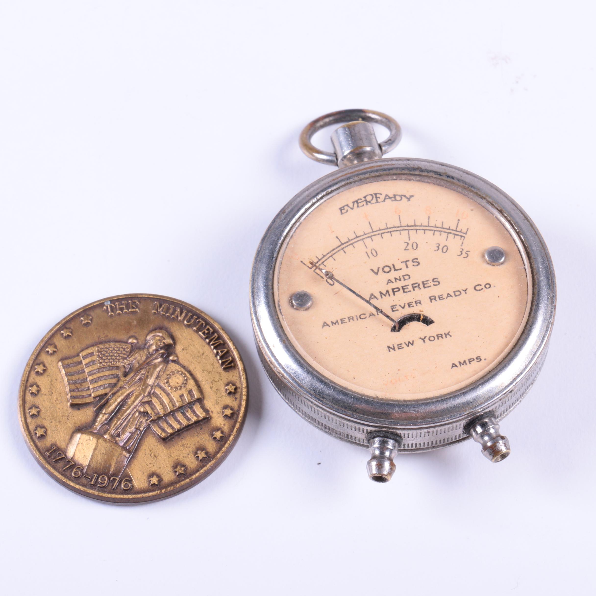 Eveready Pocket Watch Meter and Bronze "The Minutemen" Bicentennial Medal
