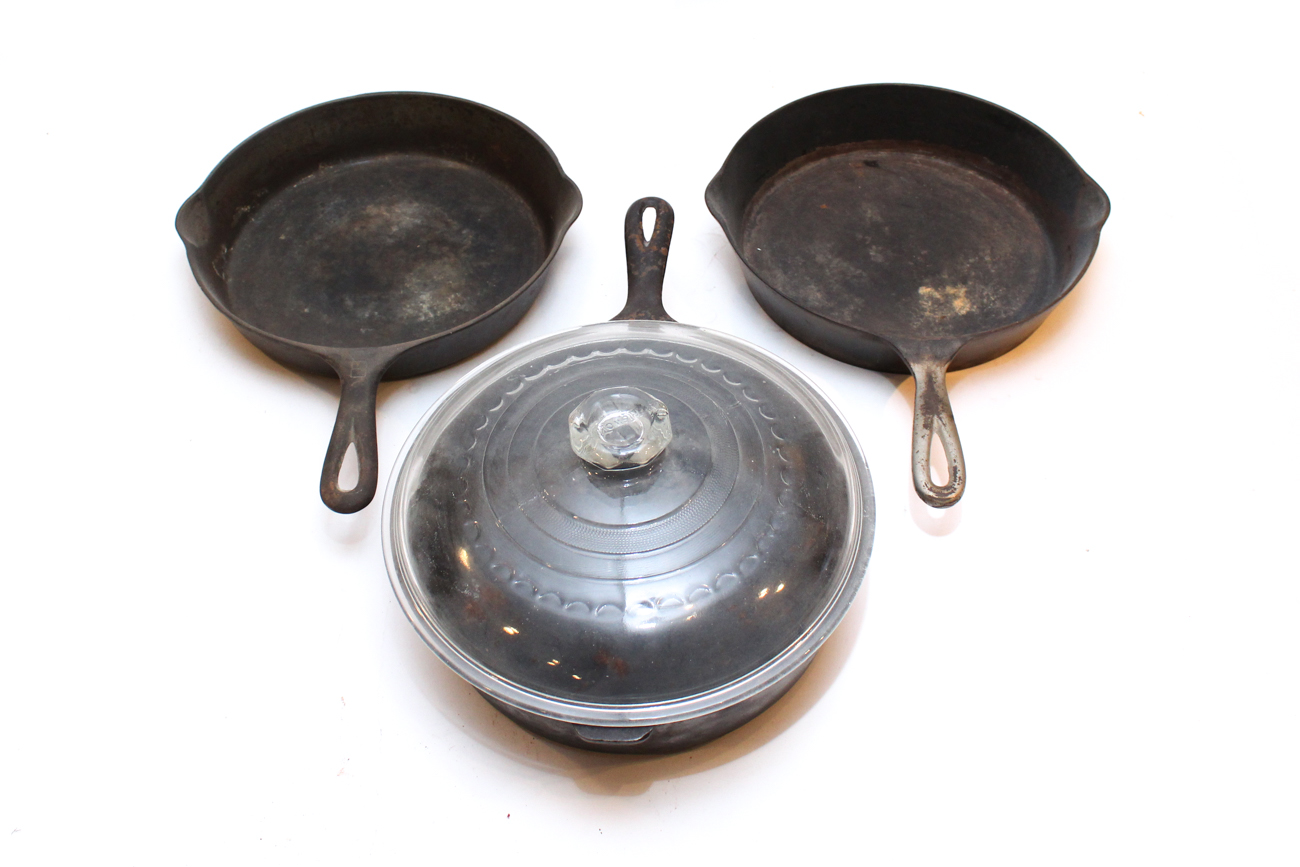 Wapak, Griswold, and Wagner Cast Iron Cookware With Glass