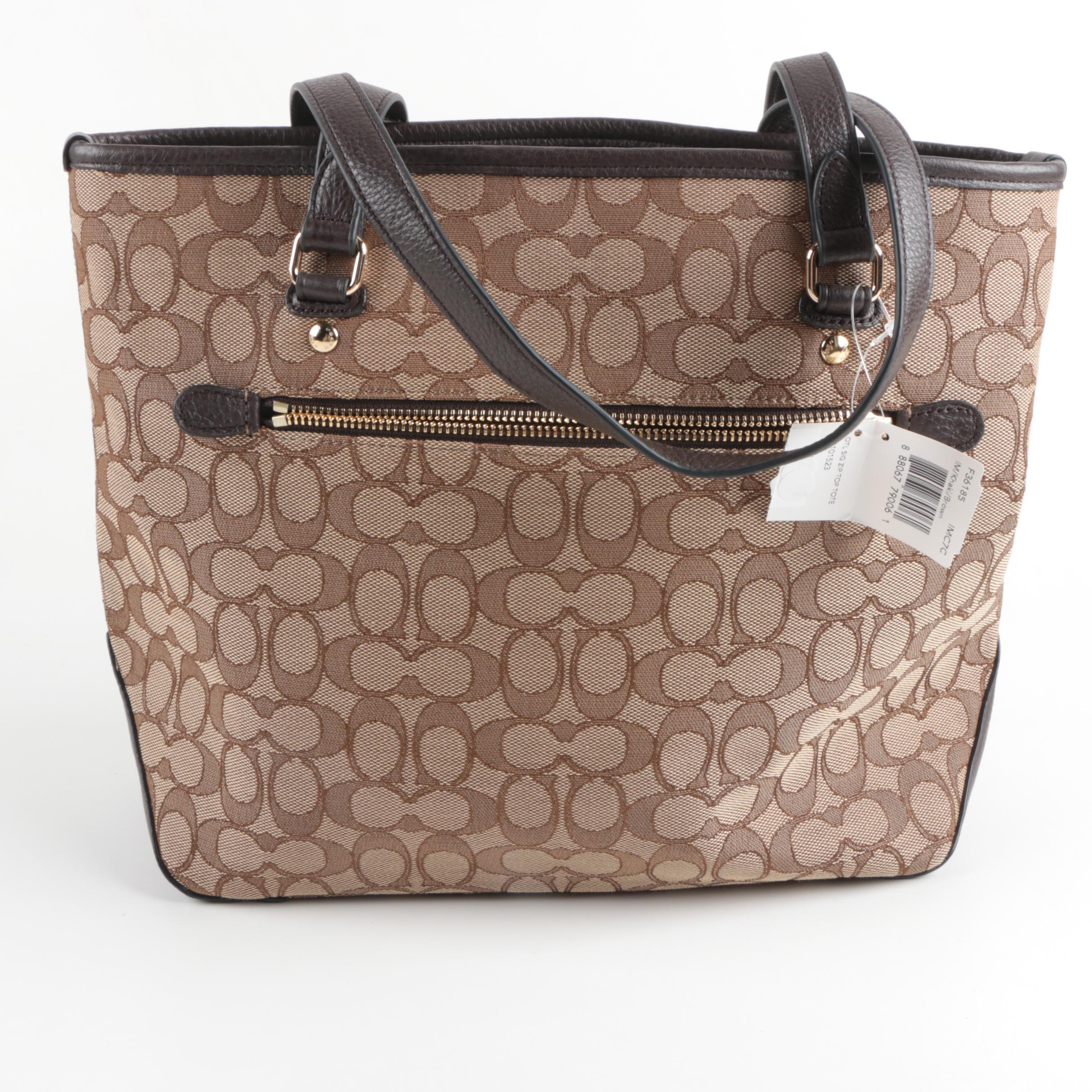 Coach Signature Canvas Zip Top Tote Bag