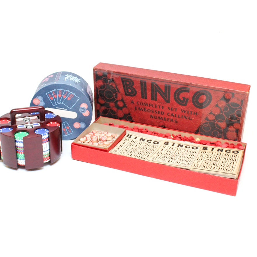 Vintage Milton Bradley Bingo Set and Poker Caddy