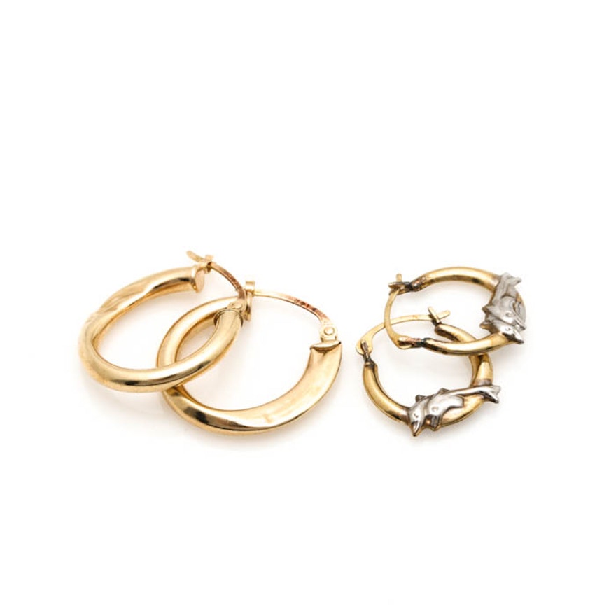 14K and 10K Yellow Gold Hoop Earrings With White Gold Accents