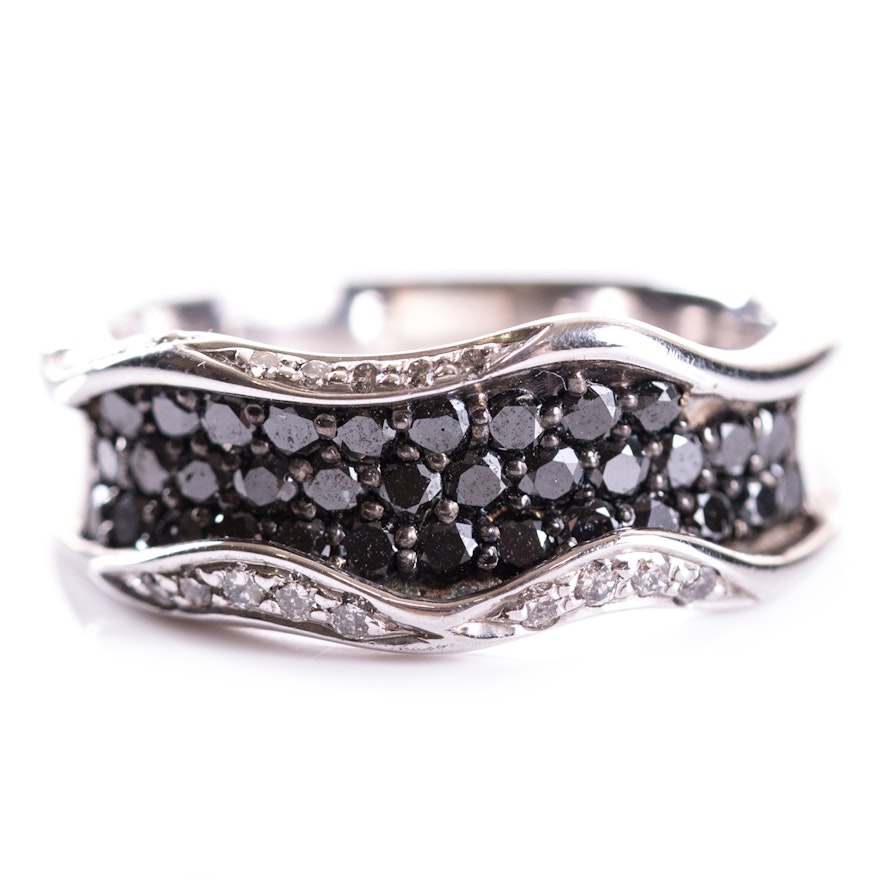 Sterling Silver and Platinum Alloy Diamond Wave Band