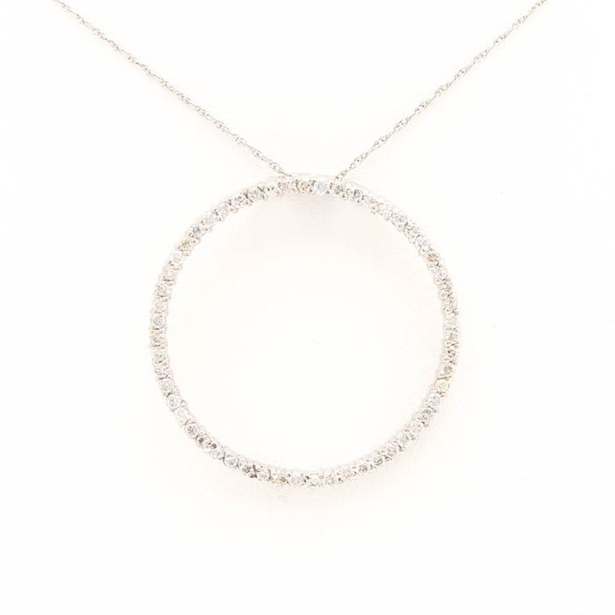 14K White Gold Diamond Open Circle Pendant Necklace