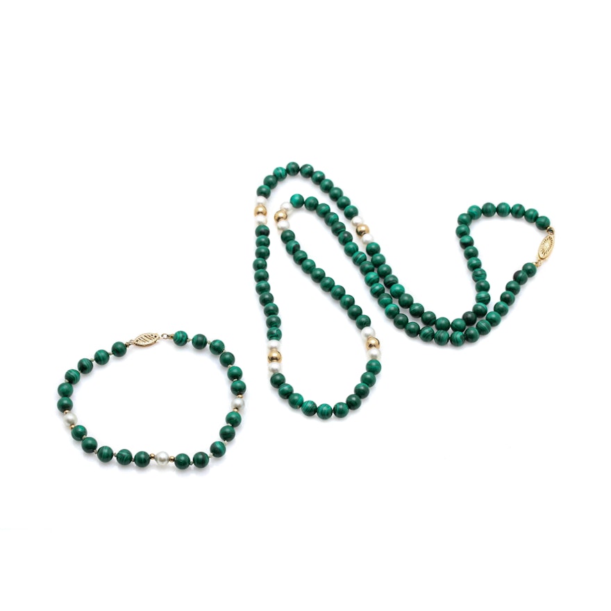 14K Yellow Gold Malachite and Cultured Pearl Demi Parure