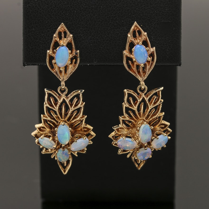 14K Yellow Gold Opal Floral Motif Drop Earrings