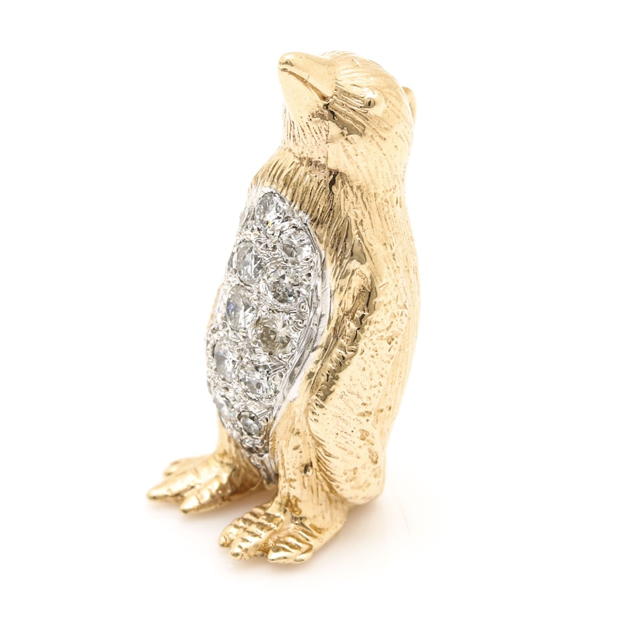 14K Yellow Gold Diamond Penguin Pendant