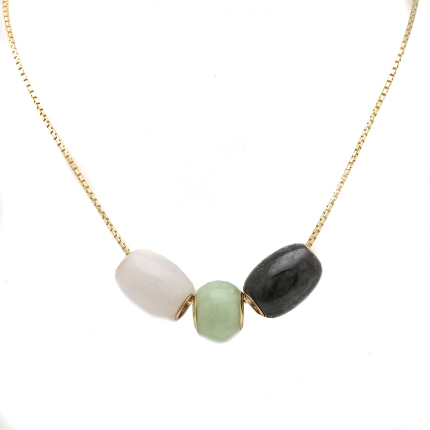 14K Yellow Gold Black, Green and White Jadeite Bead Pendant Necklace