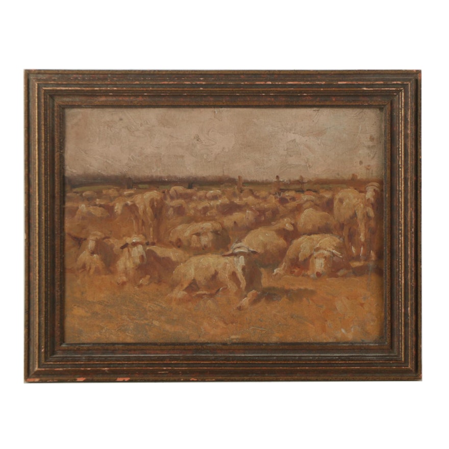 Oil Painting on Canvas Board of a Herd of Sheep