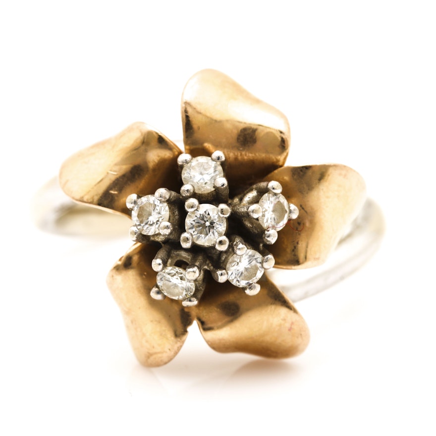 18K Two Tone Gold Diamond Flower Ring