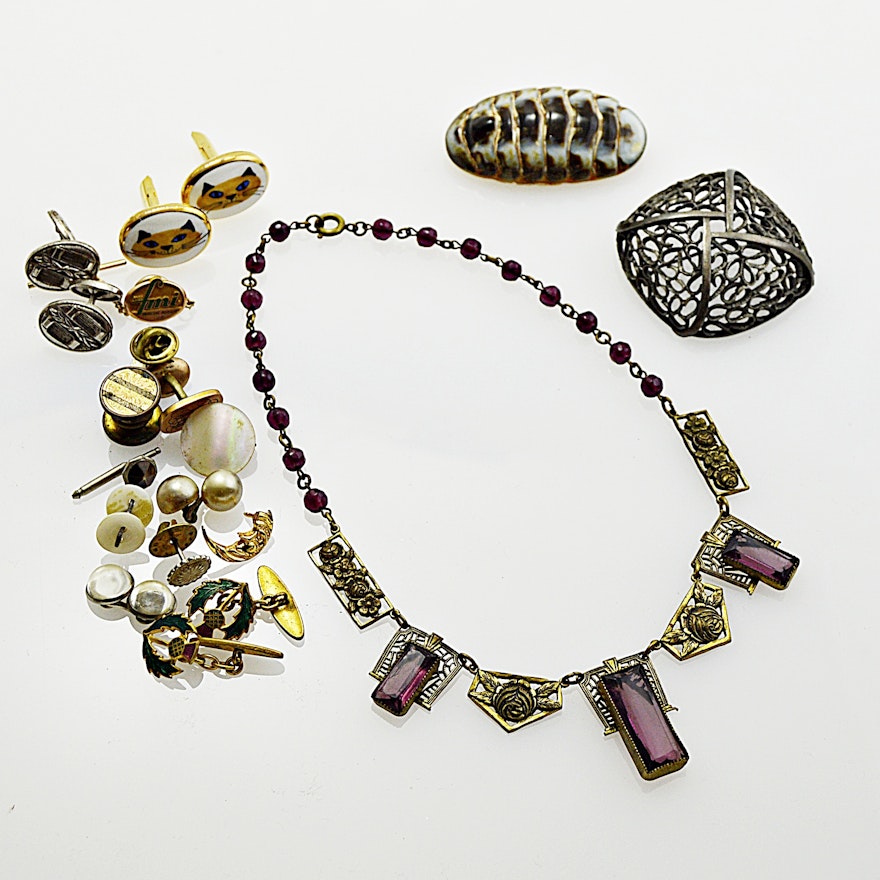 Vintage Jewelry with Chiton Brooch, Art Deco Glass and Brass Necklace