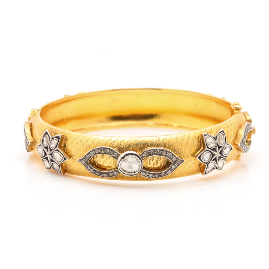 Gold-Plated 1.04 CTW Diamond Hinged Bangle with Sterling Silver Accents