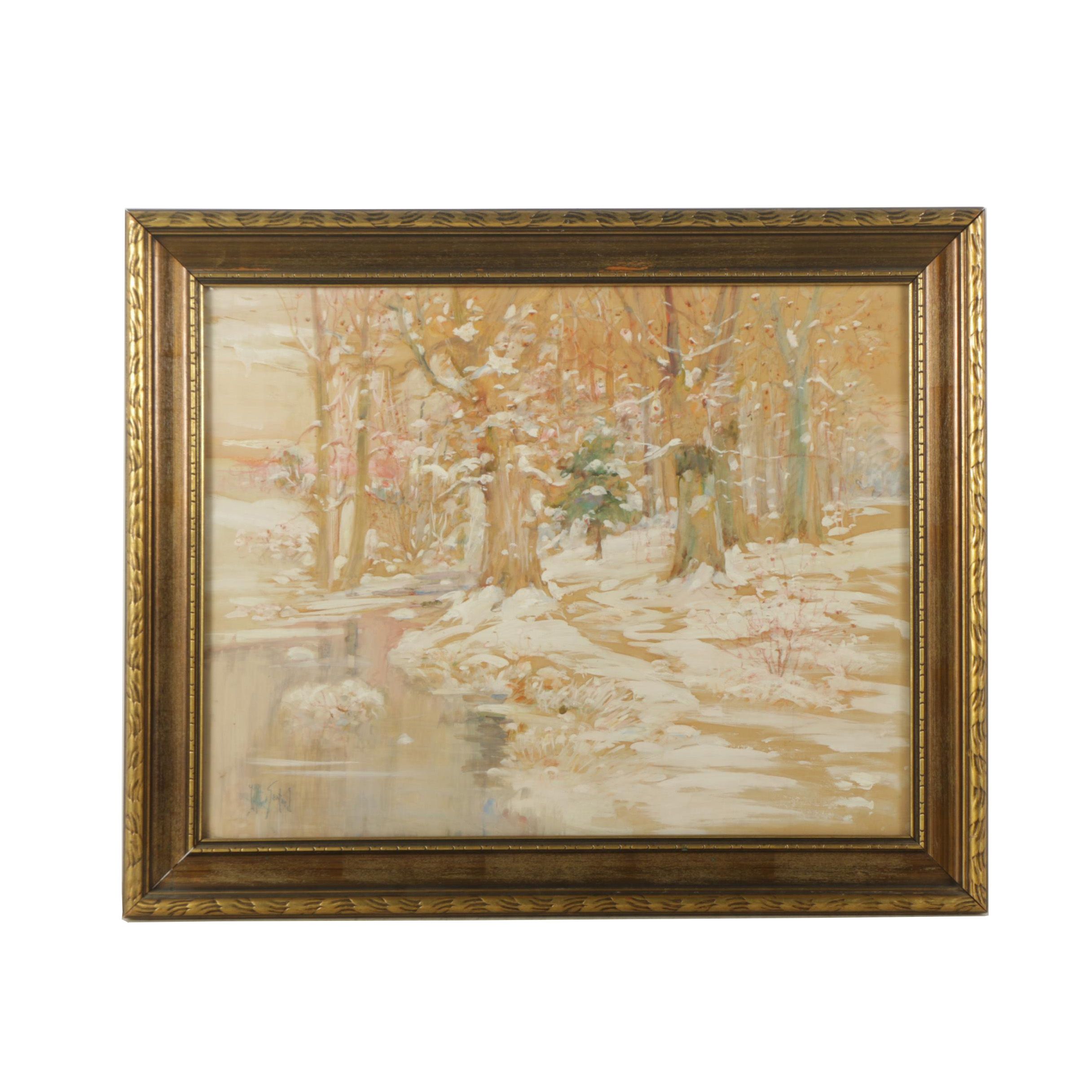 John Albert Seaford Mixed Media Painting on Paper of Snowy Landscape