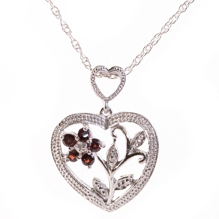 Sterling Silver, Garnet and Diamond Flower Pendant Necklace