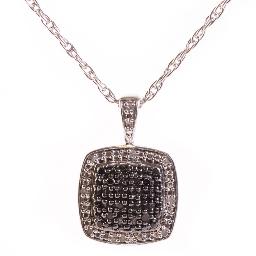 Sterling Silver and Diamond Cluster Pendant Necklace
