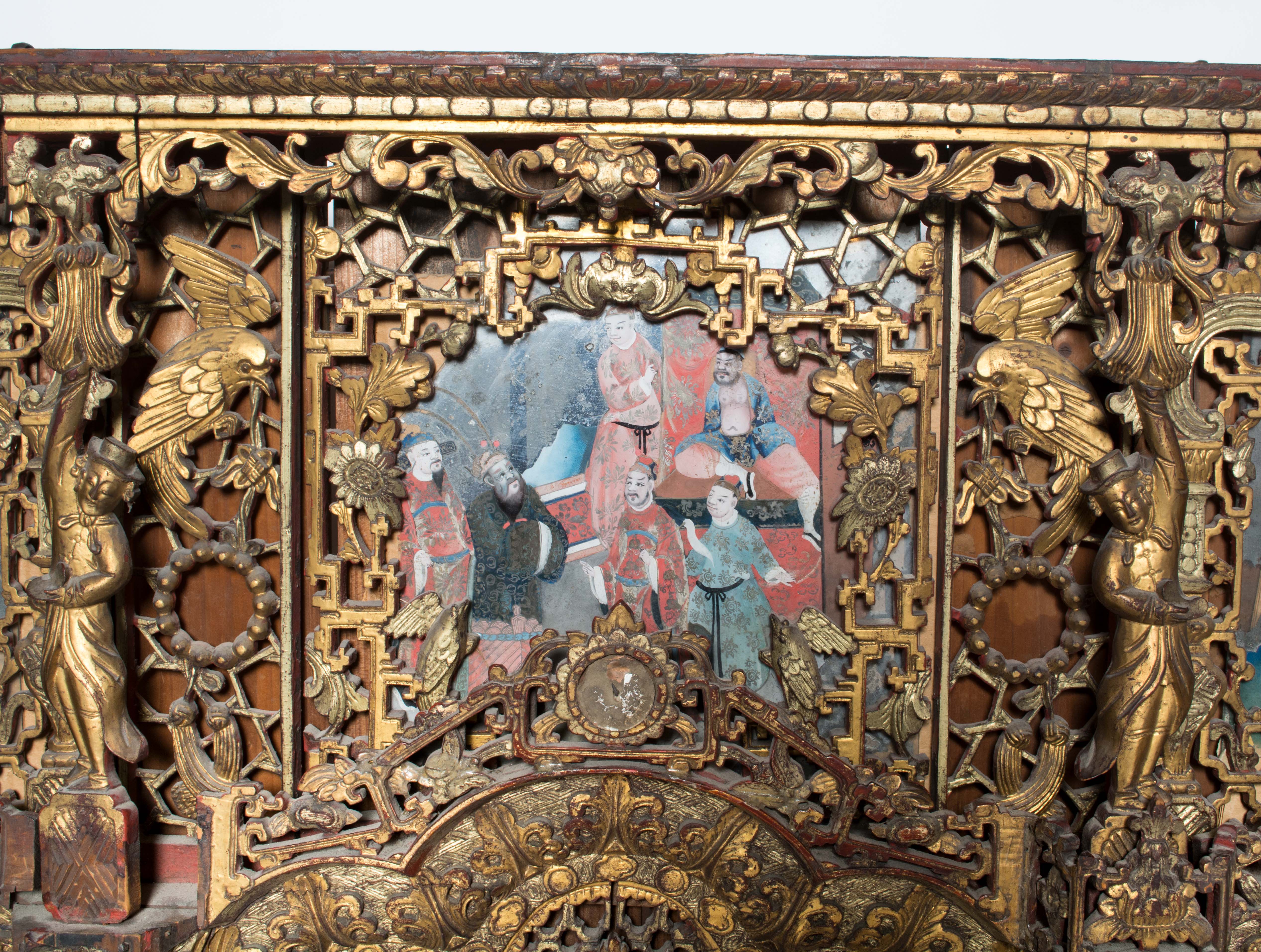 19th Century Chinese Hand Carved and Gilded Mirror with Reverse Painting