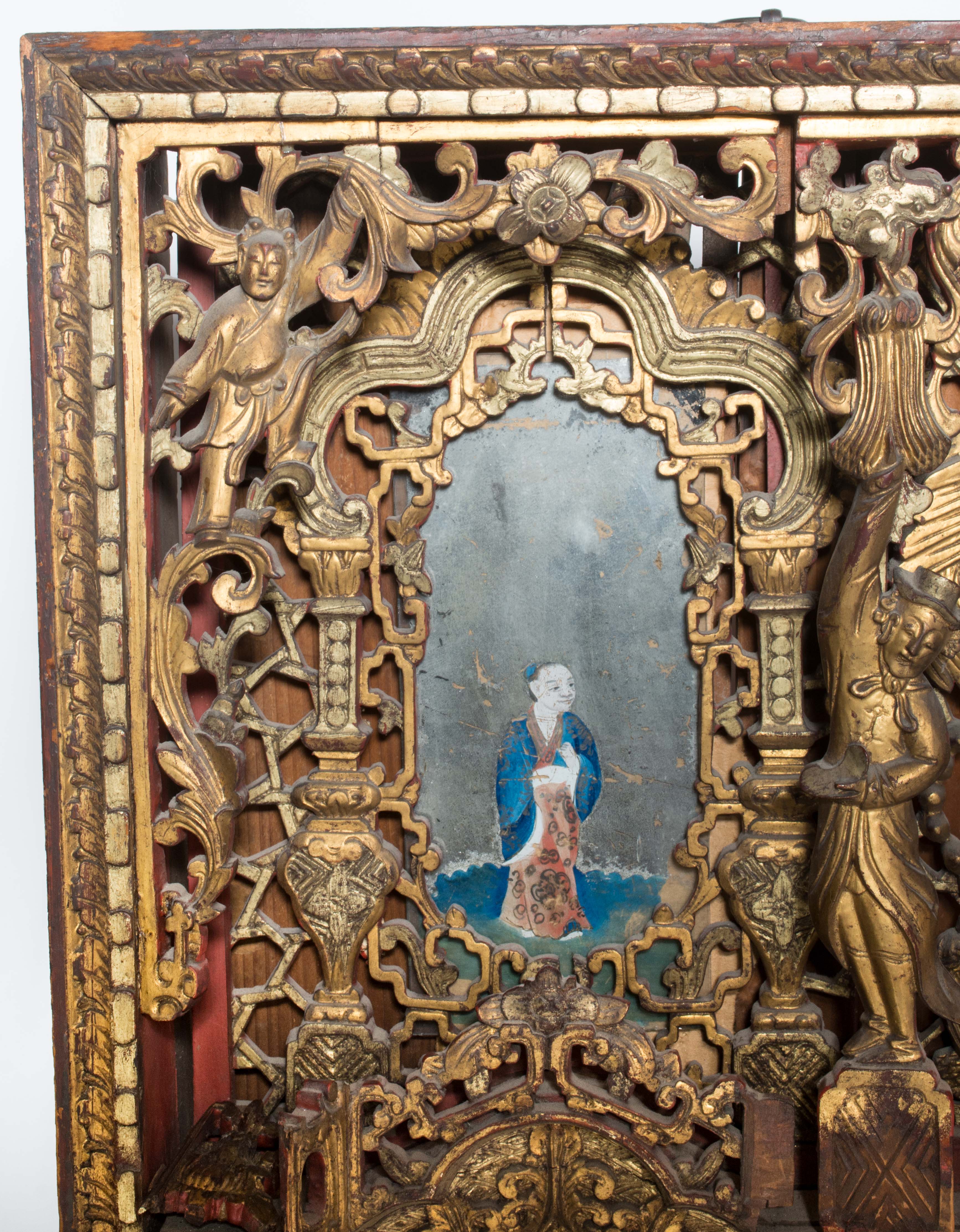 19th Century Chinese Hand Carved and Gilded Mirror with Reverse Painting