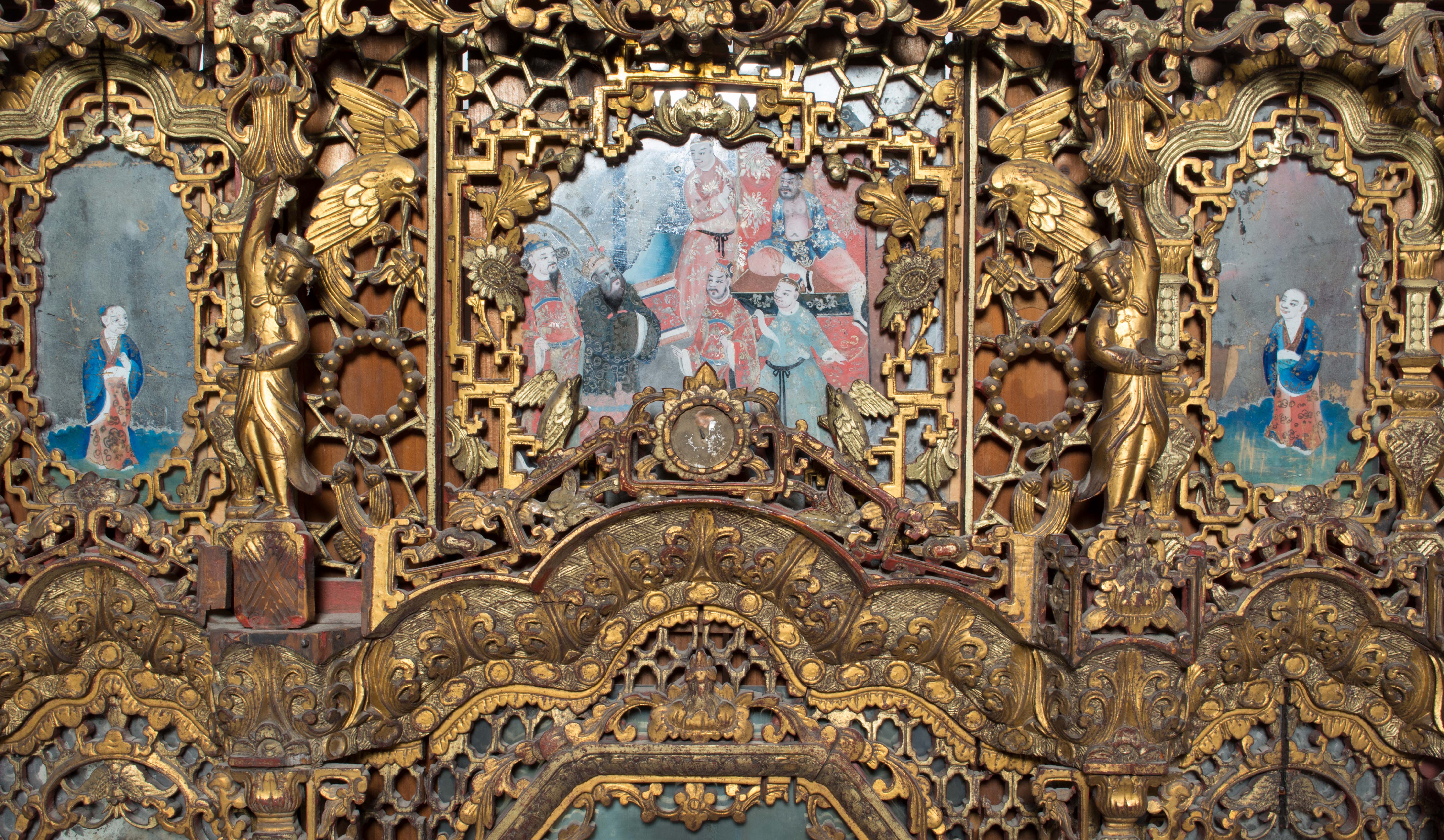 19th Century Chinese Hand Carved and Gilded Mirror with Reverse Painting