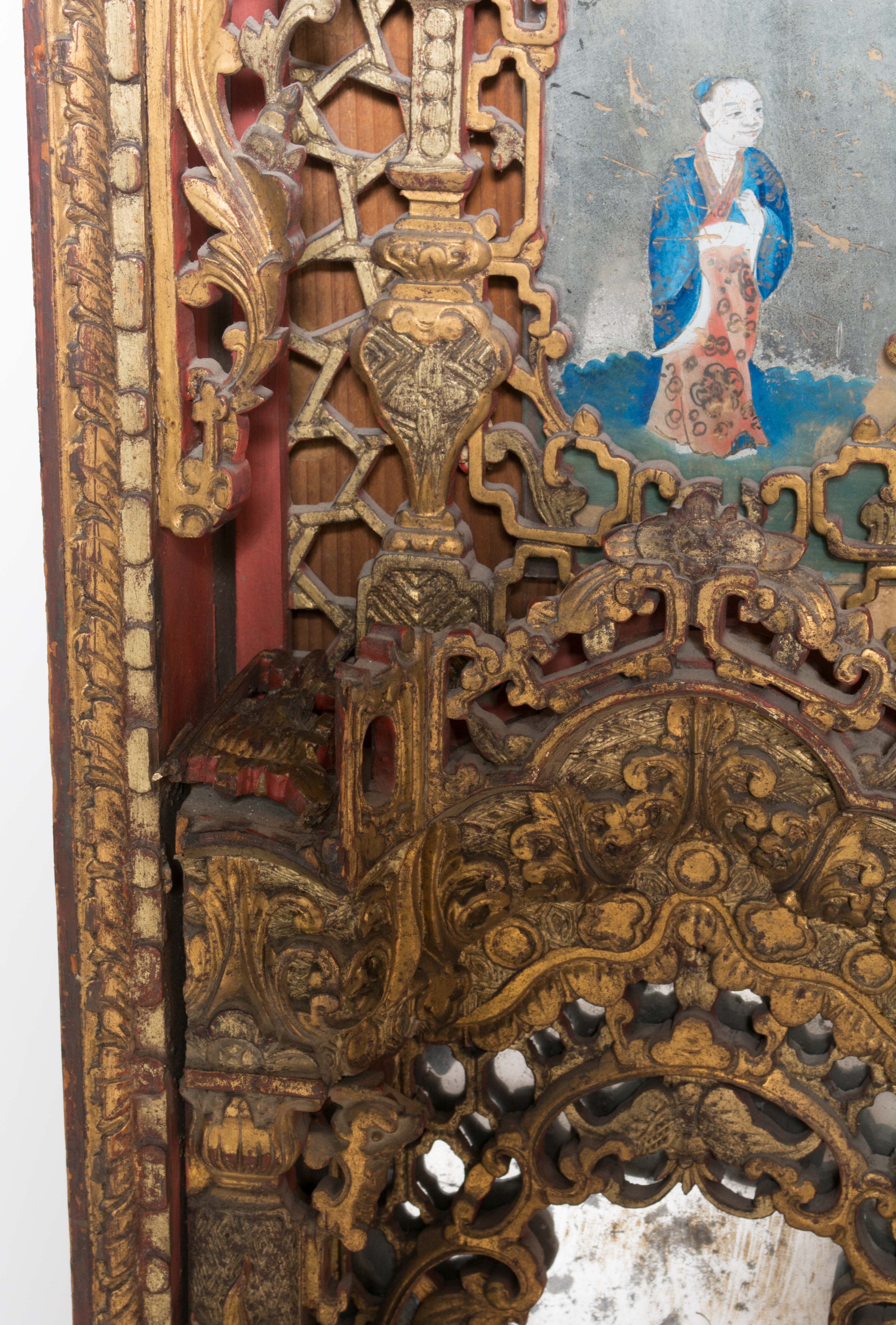 19th Century Chinese Hand Carved and Gilded Mirror with Reverse Painting