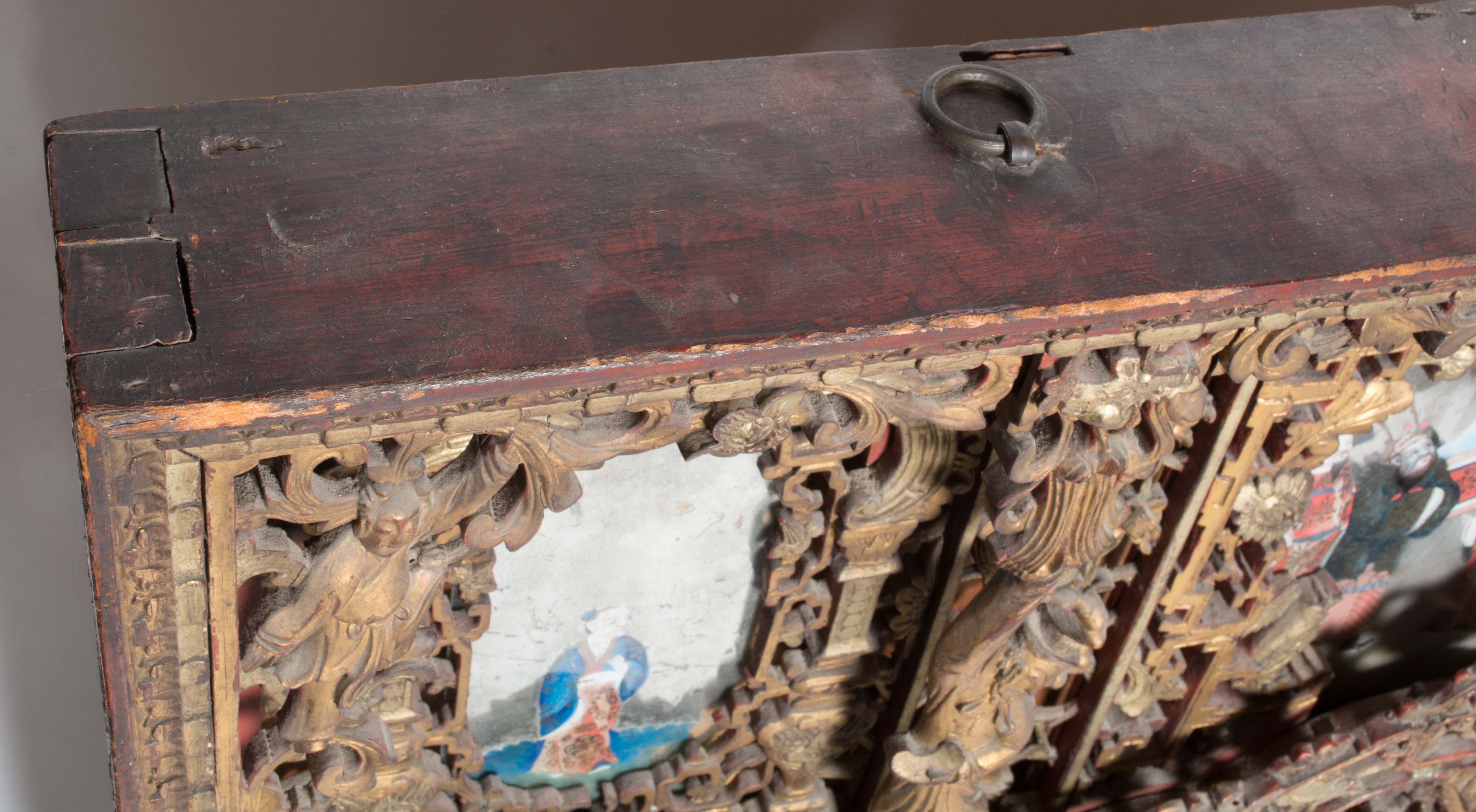 19th Century Chinese Hand Carved and Gilded Mirror with Reverse Painting