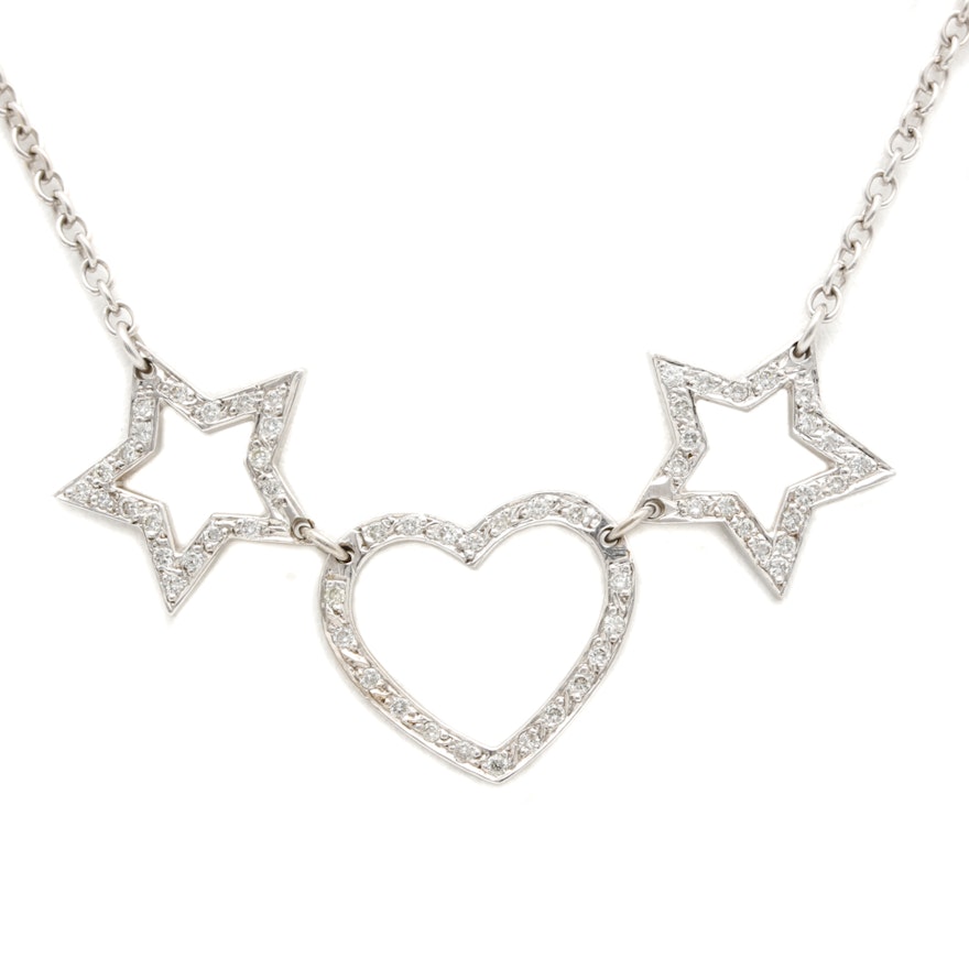 14K White Gold Diamond Heart and Star Pendant Necklace