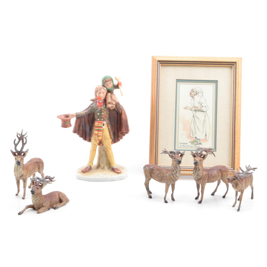 Norman Rockwell "Tiny Tim" Figurine, "A Christmas Carol Print" and Reindeer