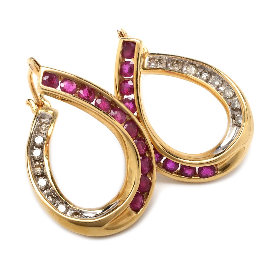 14K Yellow Gold Ruby and Diamond Earrings