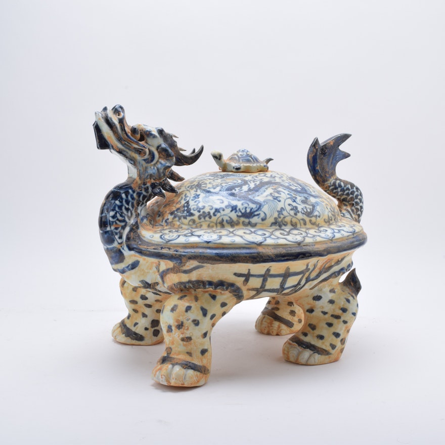 Vintage Chinese Dragon Ceramic Figurine with Turtle Finial