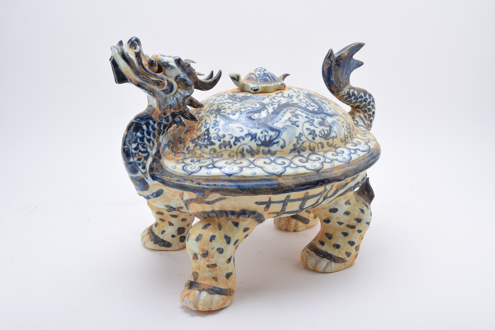 Vintage Chinese Dragon Ceramic Figurine with Turtle Finial