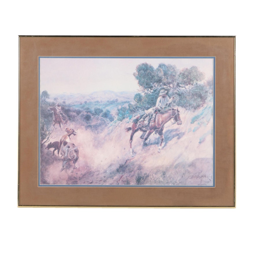 Offset Lithograph After Charles M. Russell Western Scene