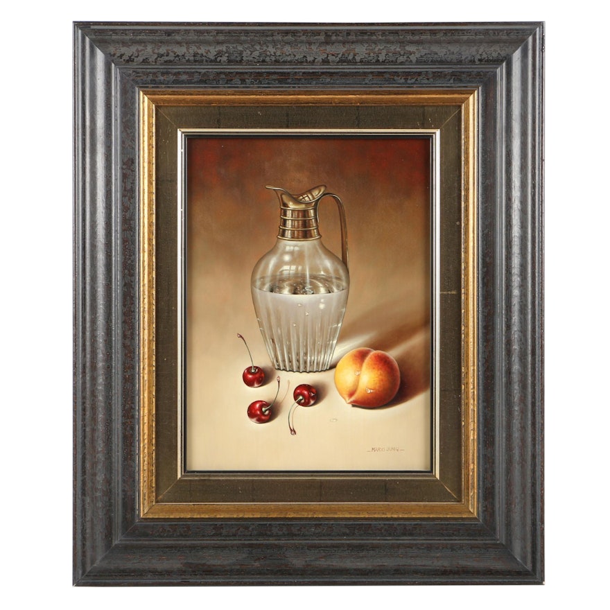 Mario Jung Oil Painting on Board of Fruit and a Crystal Pitcher