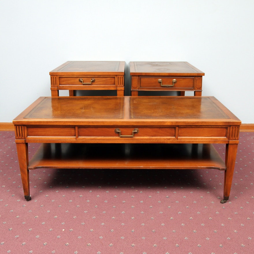 Mid Century Faux Leather Top and Cherry Coffee Table and End Tables