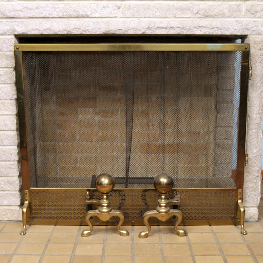 Vintage Brass Fireplace Screen and Andirons