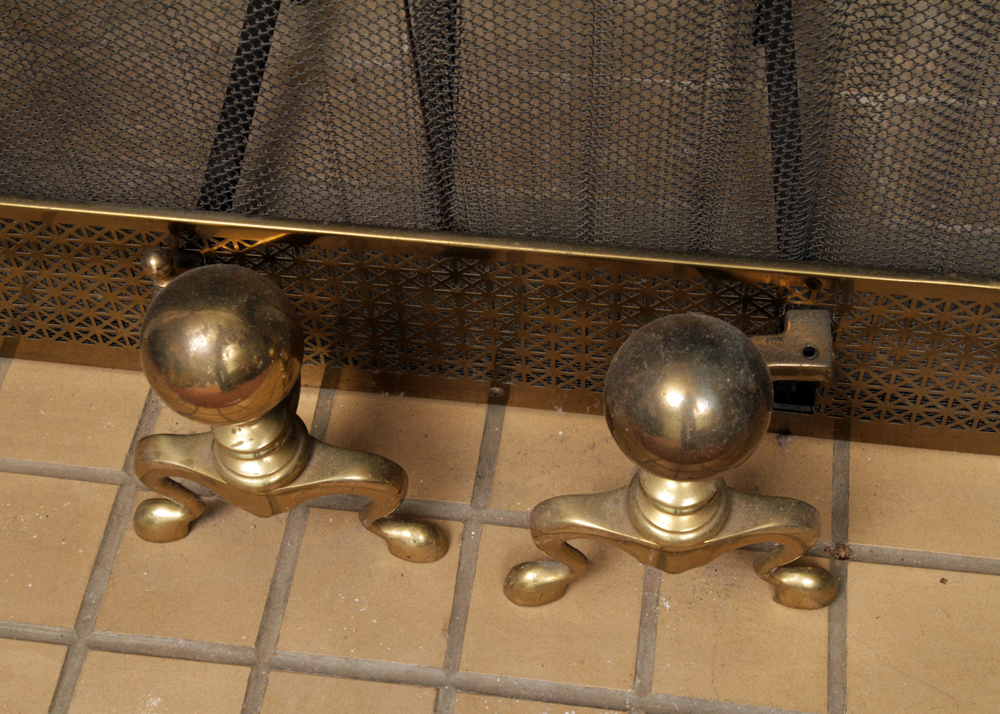 Vintage Brass Fireplace Screen and Andirons