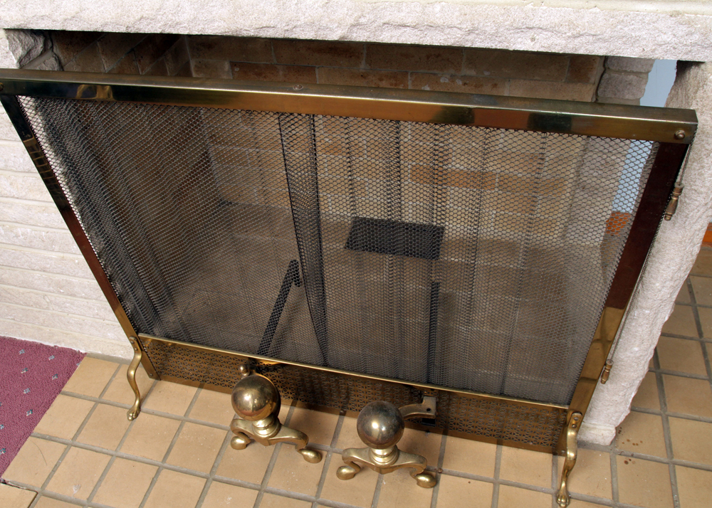 Vintage Brass Fireplace Screen and Andirons