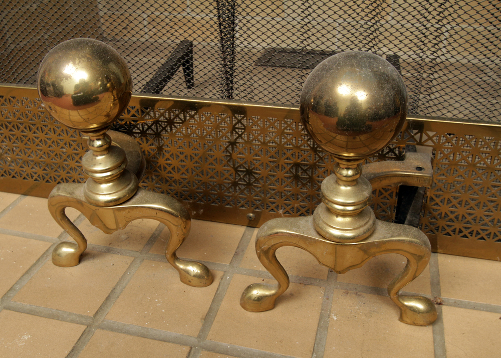 Vintage Brass Fireplace Screen and Andirons