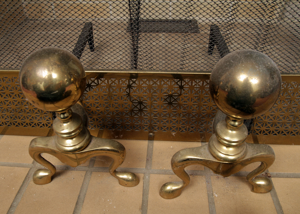 Vintage Brass Fireplace Screen and Andirons