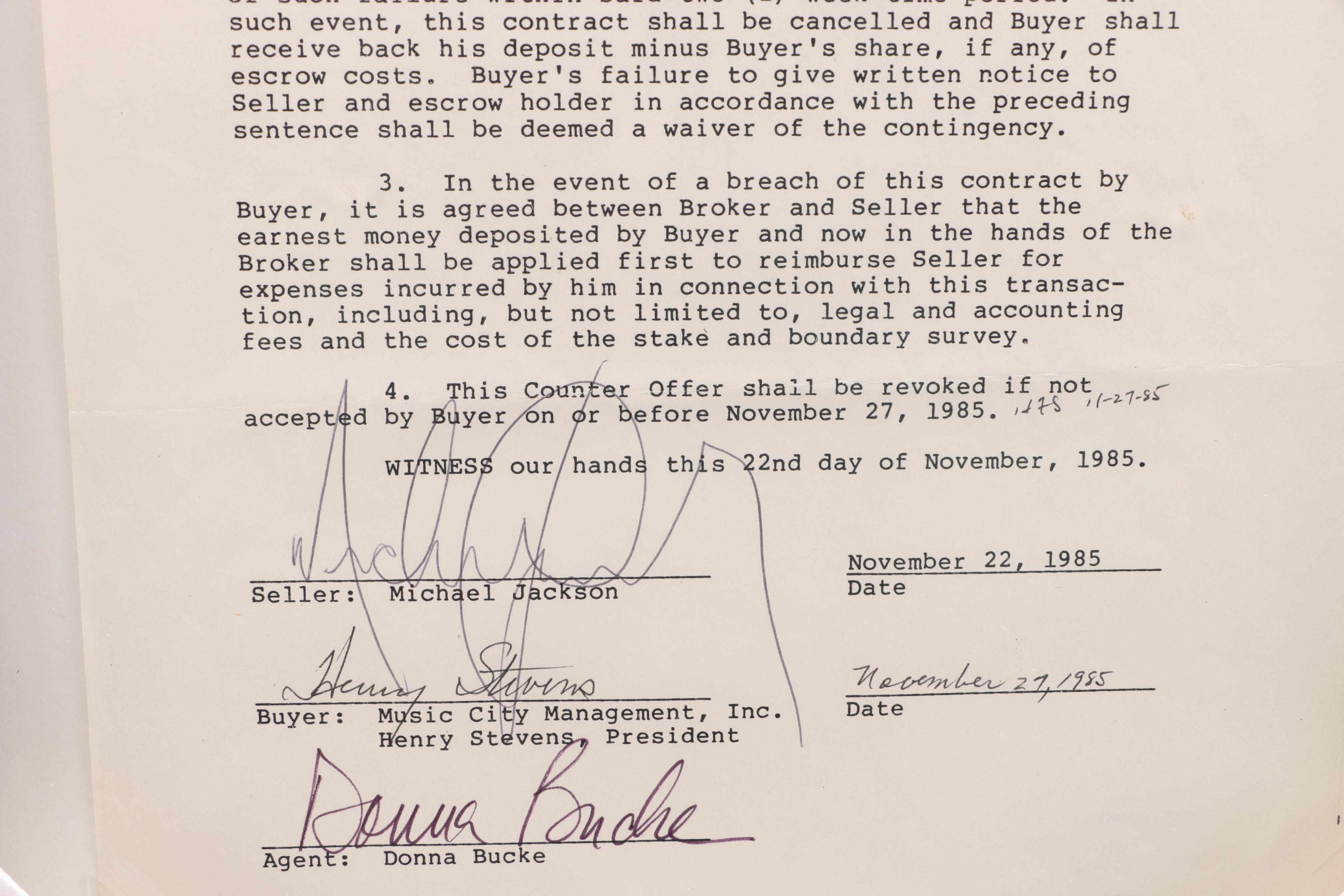 Signed Michael Jackson Real Estate Contract with JSA LOA