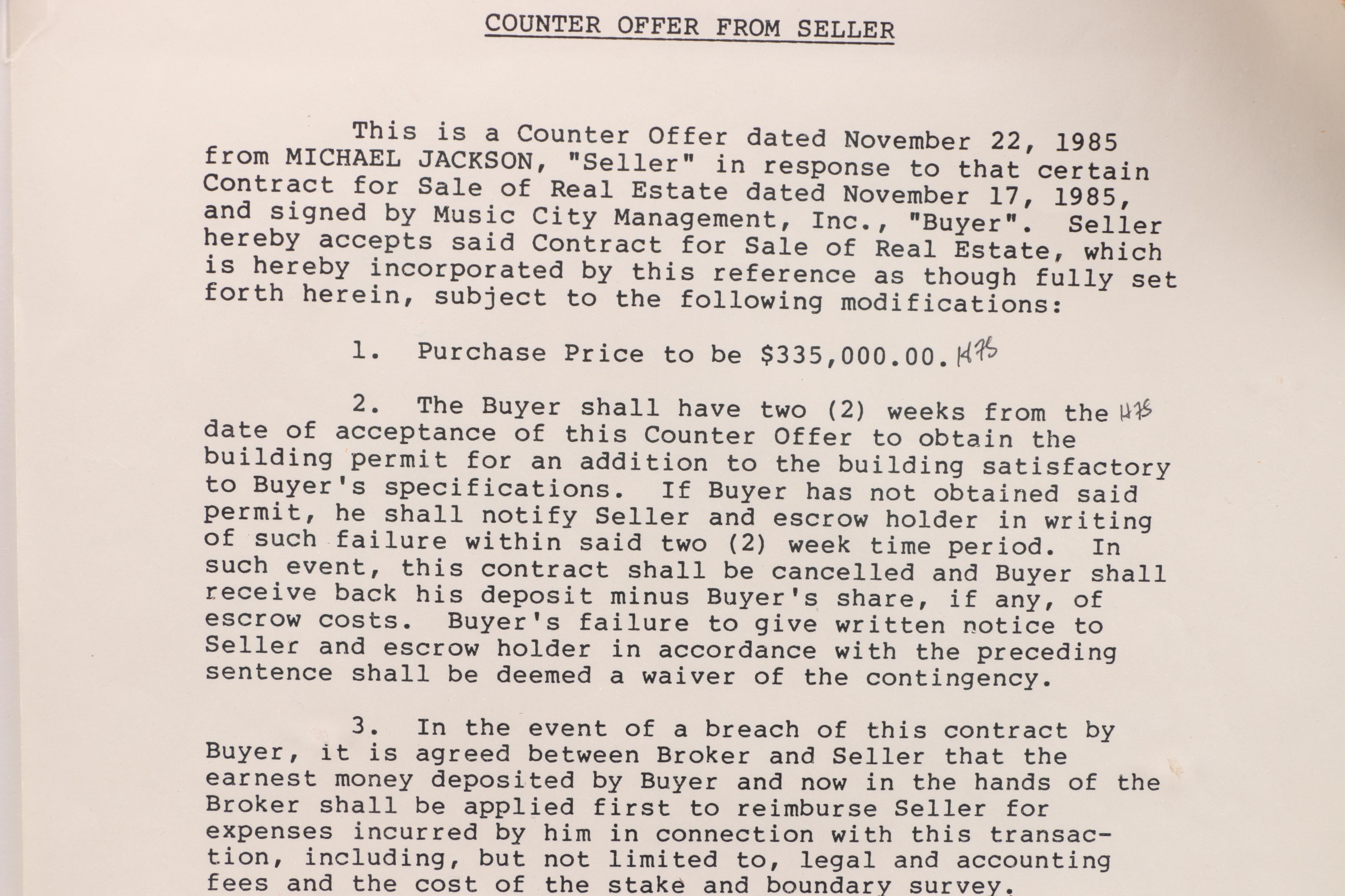 Signed Michael Jackson Real Estate Contract with JSA LOA