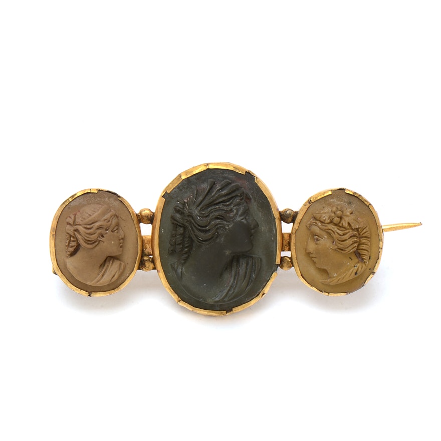 Victorian Gold-Filled Carved Lava Stone Cameo Bar Brooch
