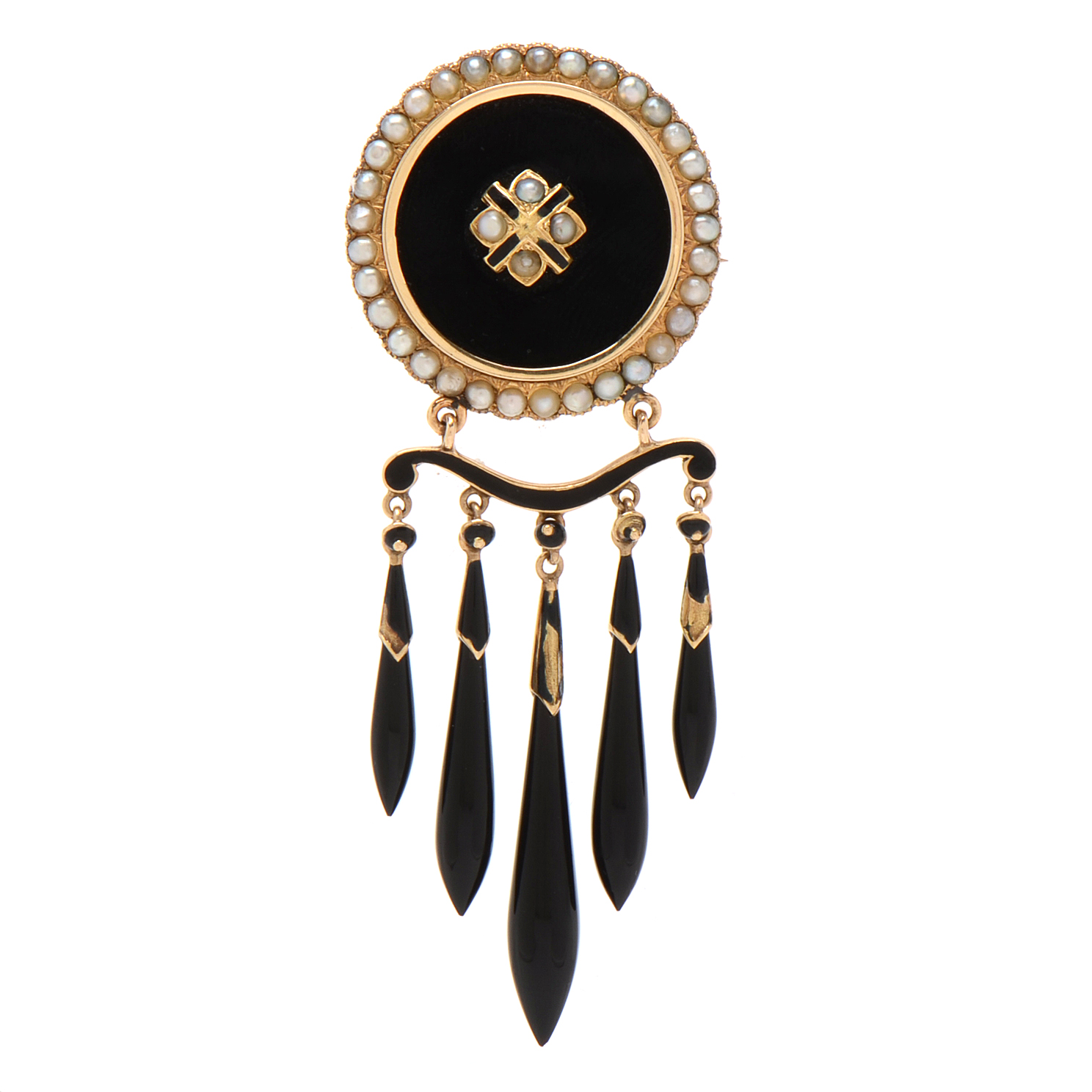 Victorian 14K Yellow Gold Black Onyx and Seed Pearl Dangle Mourning Brooch