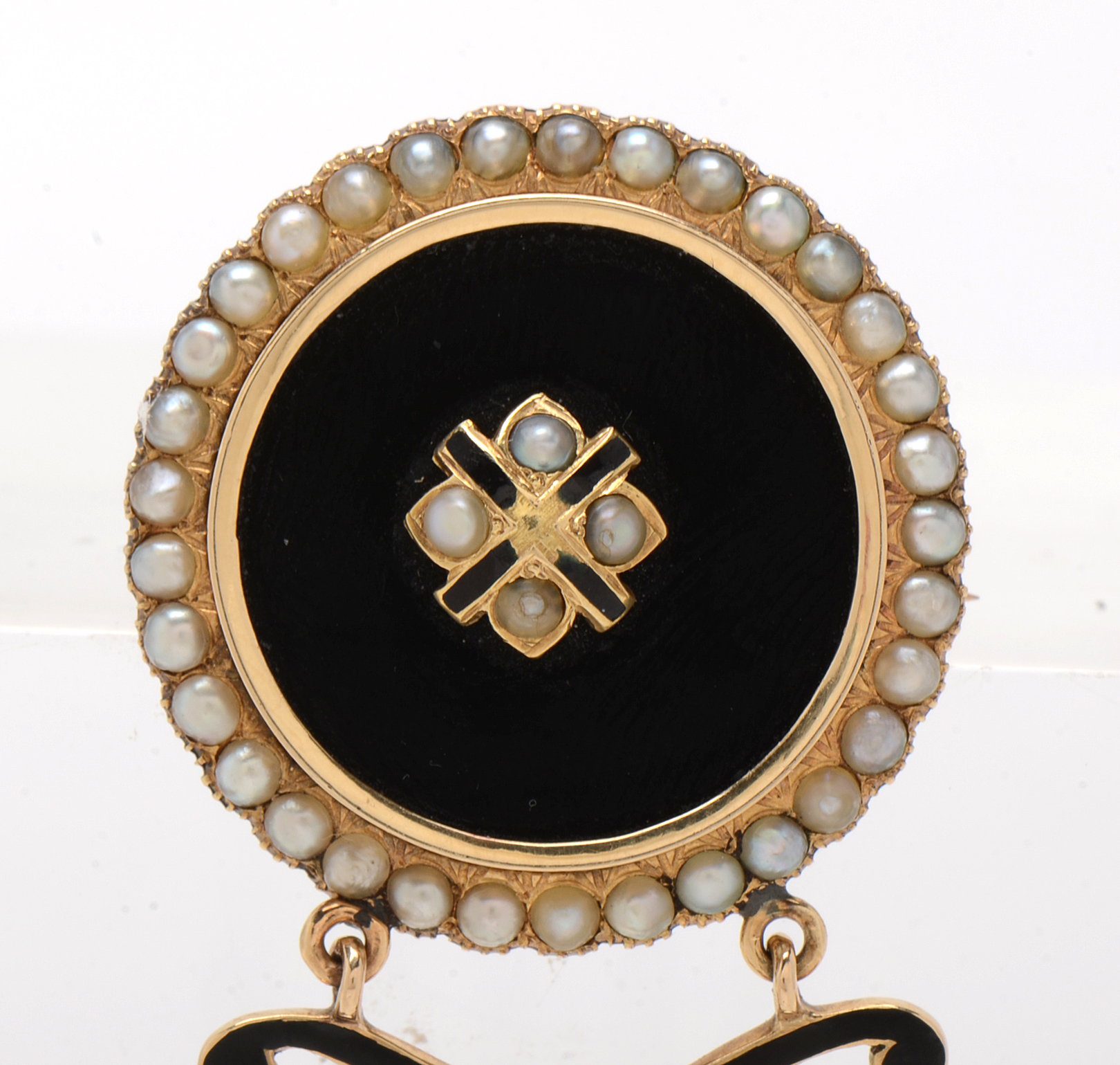 Victorian 14K Yellow Gold Black Onyx and Seed Pearl Dangle Mourning Brooch