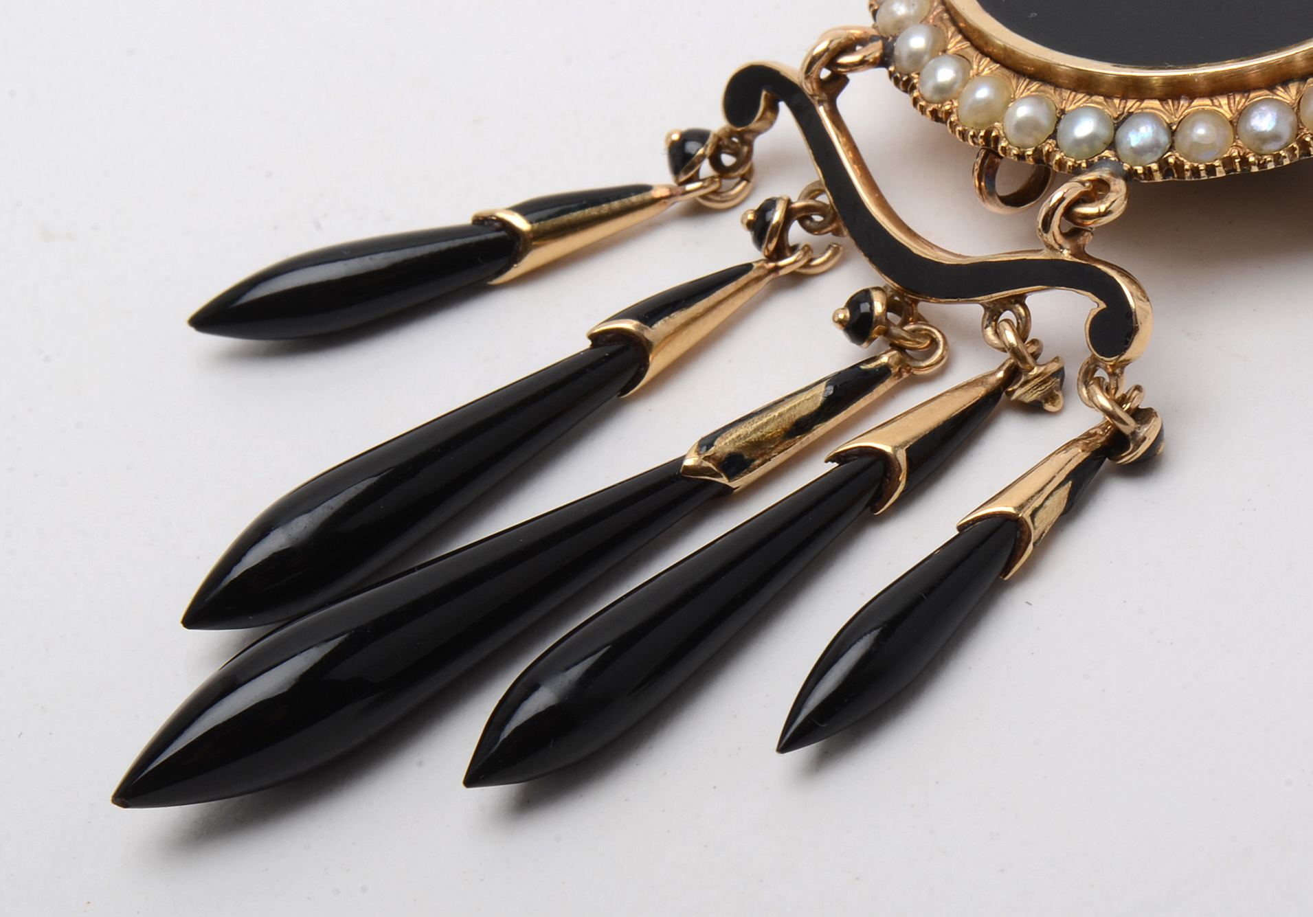 Victorian 14K Yellow Gold Black Onyx and Seed Pearl Dangle Mourning Brooch