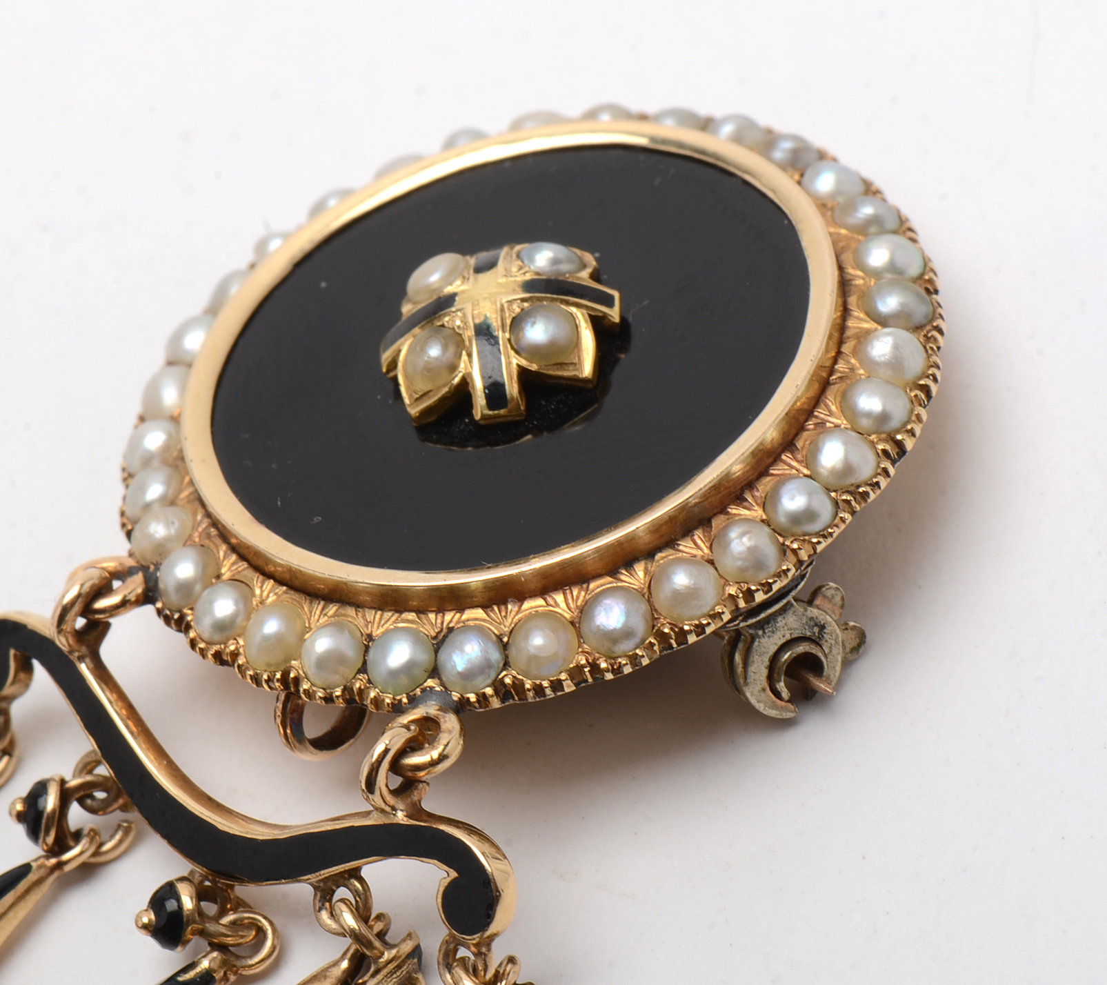 Victorian 14K Yellow Gold Black Onyx and Seed Pearl Dangle Mourning Brooch