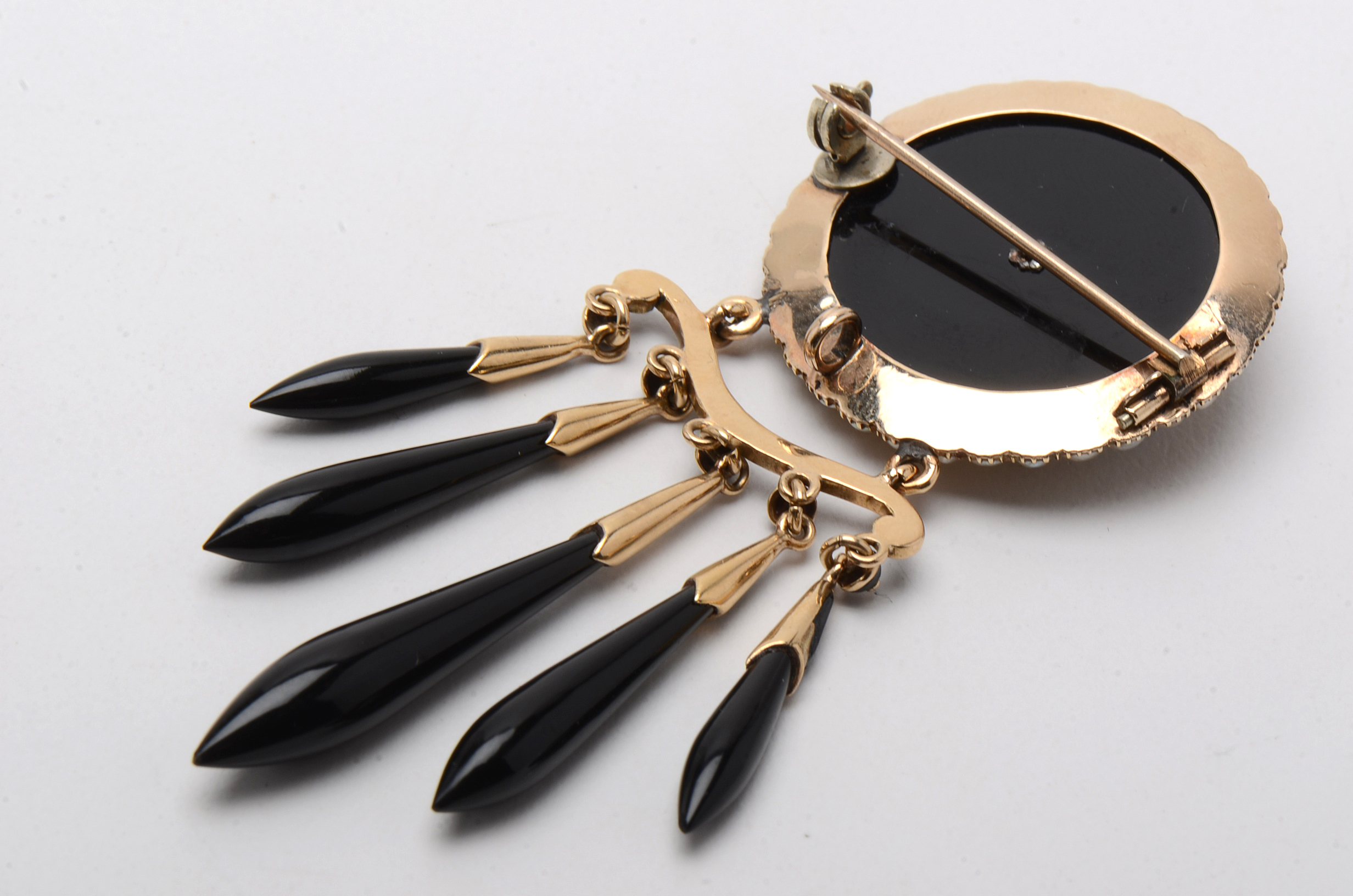Victorian 14K Yellow Gold Black Onyx and Seed Pearl Dangle Mourning Brooch