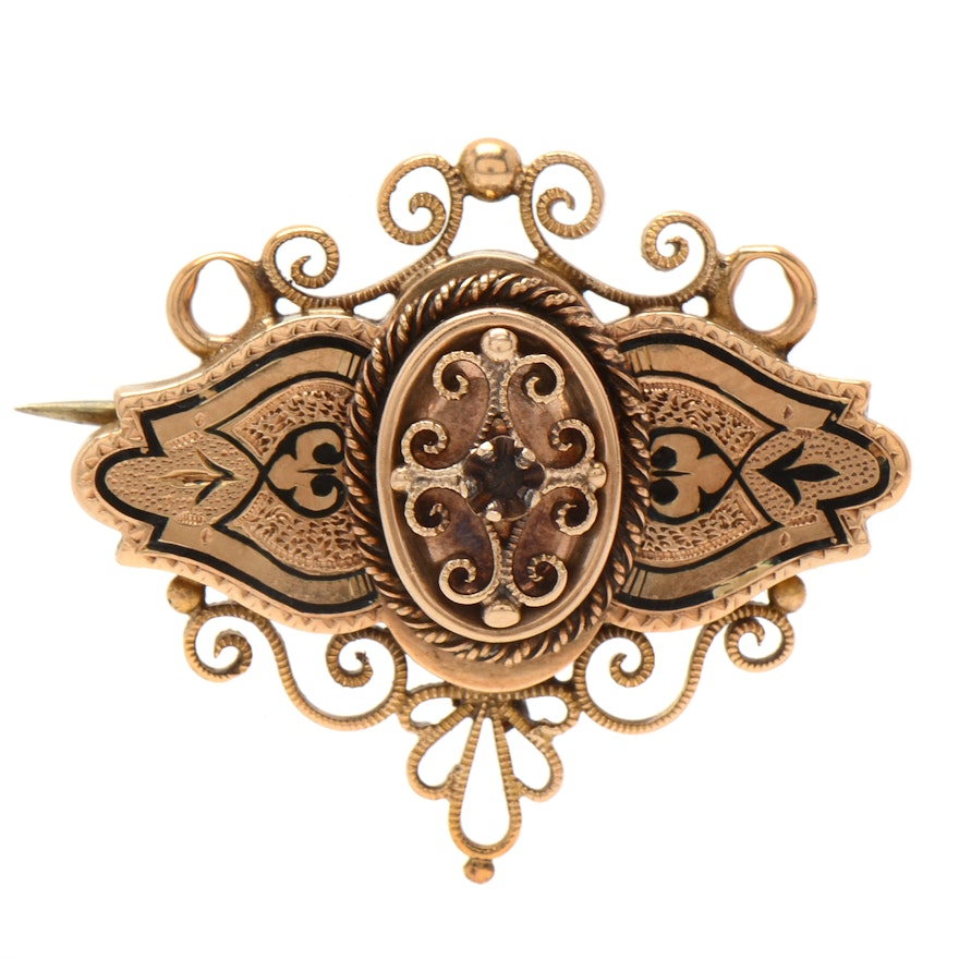 Victorian 14K Rose Gold Black Enamel Brooch Pendant