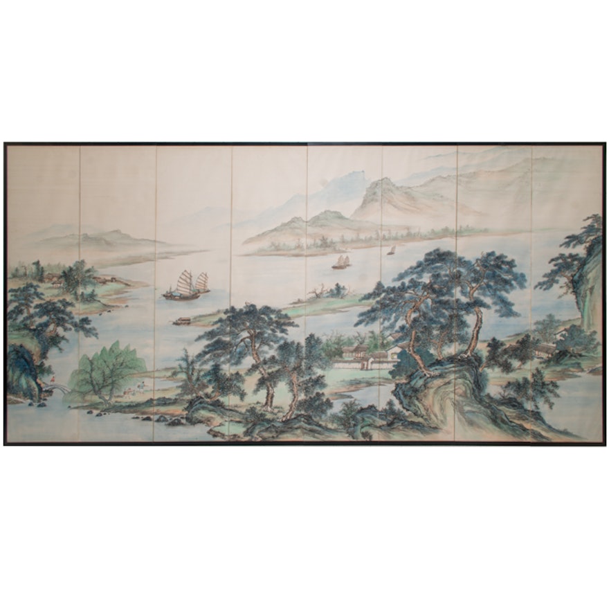 East Asian Style Panel Painting of Landscape Scene