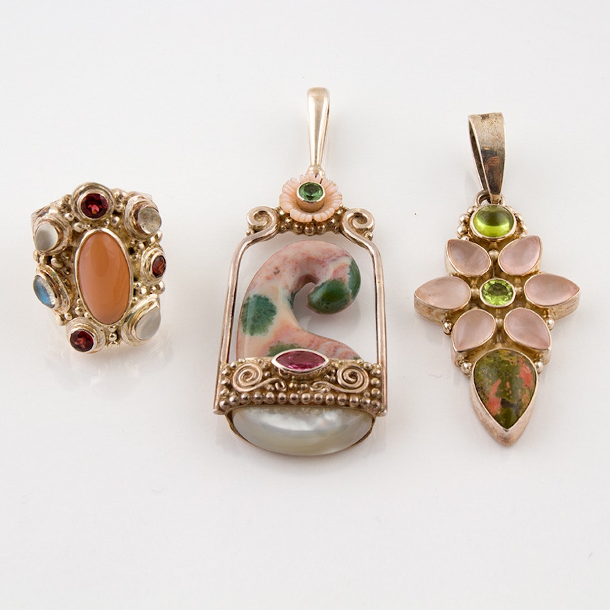 Sajen Sterling Pendants and Ring Featuring Peridot, Rose Quartz and Unakite