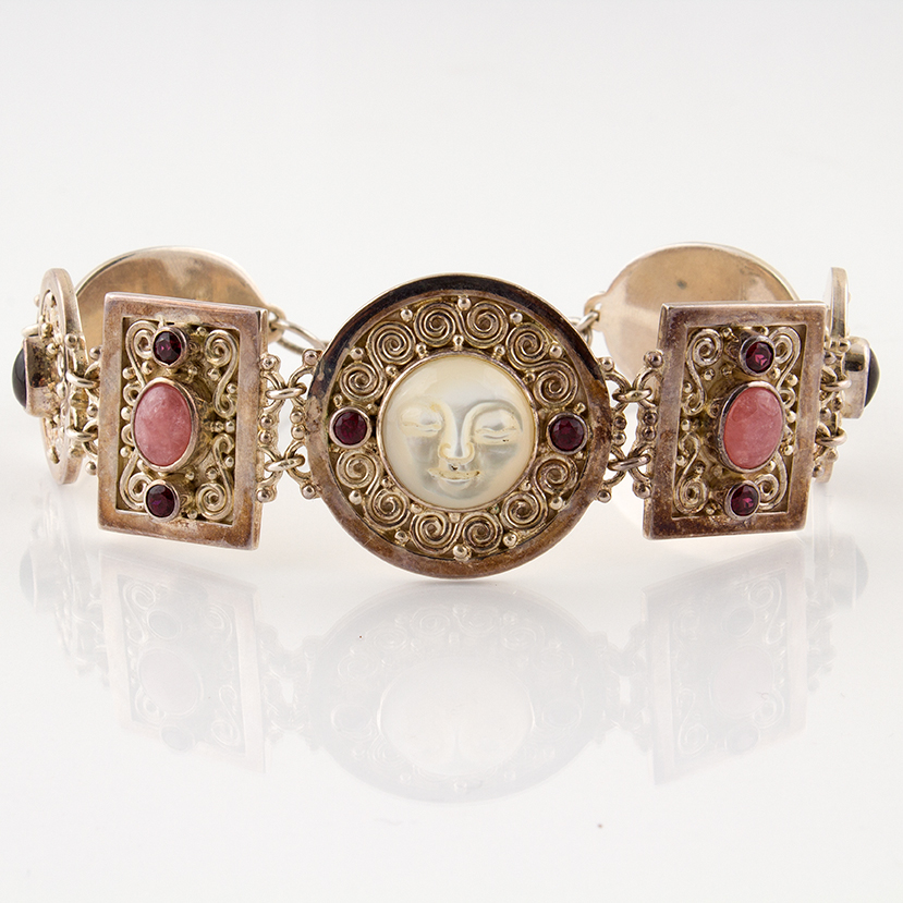 Sajen Sterling, Garnet, Moonstone and Mother of Pearl Charm Bracelet
