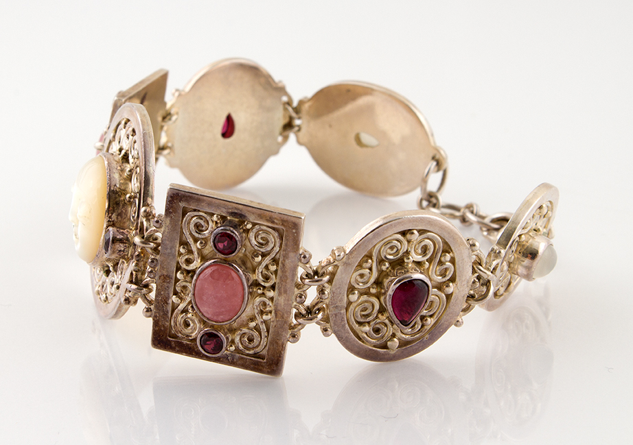Sajen Sterling, Garnet, Moonstone and Mother of Pearl Charm Bracelet