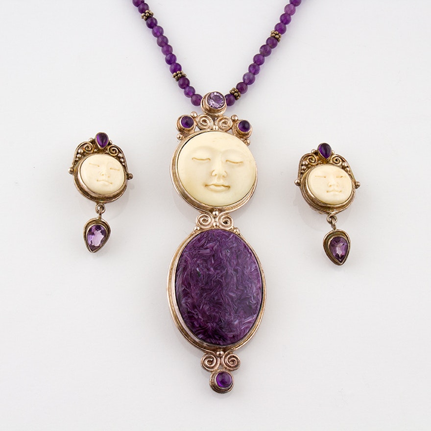 Sajen Sterling Necklace and Earrings Featuring Charoite, Bone and Amethyst